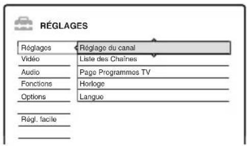 RÉGLAGES Réglages Réglage du canal Vidéo Liste des Chaînes Audio Page Programmos TV Fonctions Horloge Options Langue Régl. facile