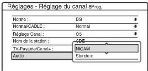 Réglages - Réglage du canal 8Prog. Norme : BG Normal/CABLE : Normal Réglage Canal : C5 Nom de la station : CDE TV-Payante/Canal+ : NICAM Audio : Standard