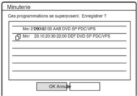 Minuterie Ces programmations se superposent. Enregistrer ? Mer 29.10 20:30-22:00 AAB DVD SP PDC/VPS Mer 29.10 20:30-22:00 DEF DVD SP PDC/VPS OK Annuler