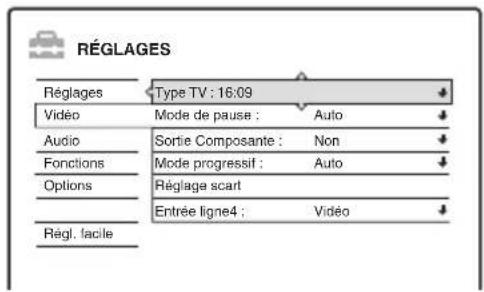RÉGLAGES Réglages Type TV : 16:09 Vidéo Mode de pause : Auto Audio Sortie Composante : Non Fonctions Mode progressif : Auto Options Réglage scart Entrée ligne4 : Vidéo Regl. facile