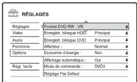 RÉGLAGES Réglages Format DVD-RW : VR Vidéo Enregistr. bilingue HDD: Principal Audio Enregistr. bilingue DVD: Principal Fonctions Afficheur : Normal Options Economie d'énergie : Non Affichage automatique : Oui Régl. facile Mode de commande : DVD3 Réglage Par Default
