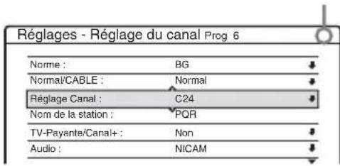 Réglages - Réglage du canal Prog 6 Norme : BG Normal/CABLE : Normal Réglage Canal : C24 Nom de la station : PQR TV-Payante/Canal+ : Non Audio : NICAM