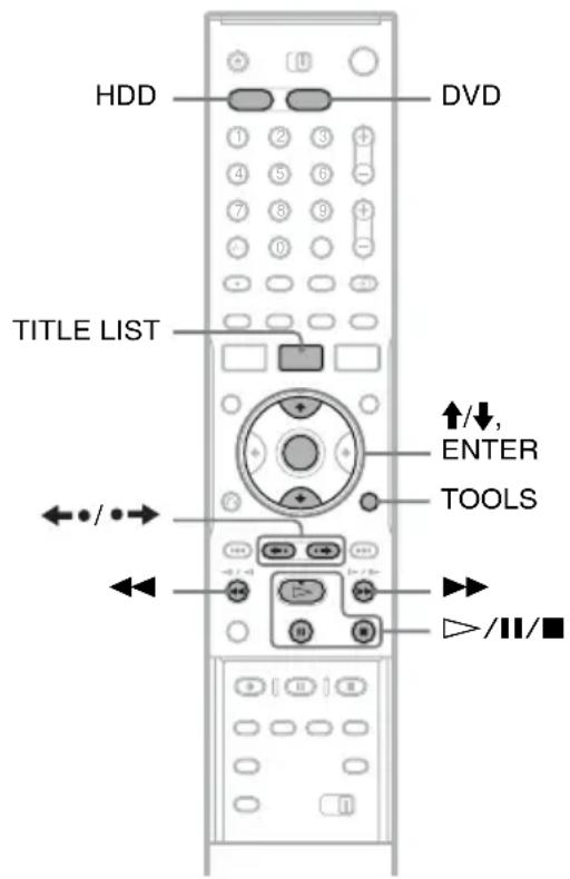 HDD DVD TITLE LIST ↑/↓, ENTER TOOLS +/||/■