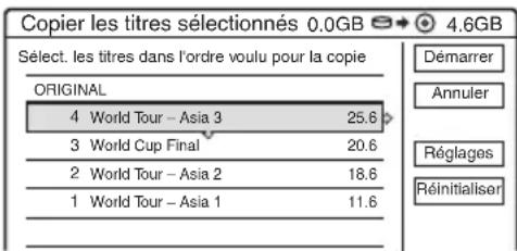 Copier les titres sélectionnés 0.0GB → 4.6GB Sélect. les titres dans l'ordre voulu pour la copie ORIGINAL 4 World Tour – Asia 3 25.6 3 World Cup Final 20.6 2 World Tour – Asia 2 18.6 1 World Tour – Asia 1 11.6 Démarrer Annuler Réglages Réinitialiser