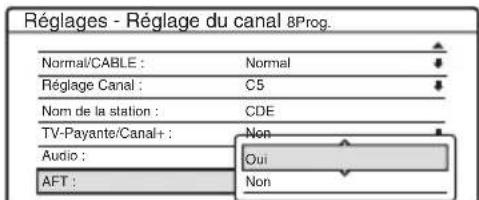 Réglages - Réglage du canal 8Prog. Normal/CABLE : Normal Réglage Canal : C5 Nom de la station : CDE TV-Payante/Canal+ : Non Audio : Oui AFT : Non