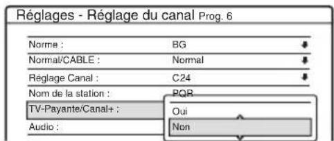 Réglages - Réglage du canal Prog. 6 Norme : BG Normal/CABLE : Normal Réglage Canal : C24 Nom de la station : PQR TV-Payante/Canal+ : Oui Audio : Non
