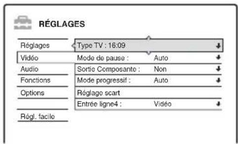 RÉGLAGES Réglages Type TV : 16:09 Vidéo Mode de pause : Auto Audio Sortie Composante : Non Fonctions Mode progressif : Auto Options Réglage scart Entrée ligne4 : Vidéo Régl. facile