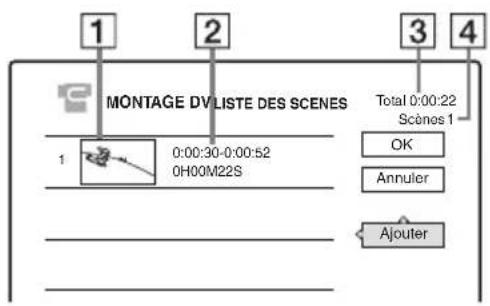 1 2 3 4 MONTAGE DV LISTE DES SCENES 1 0:00:30-0:00:52 0H00M22S Total 0:00:22 Scénos 1 OK Annuler Ajouter