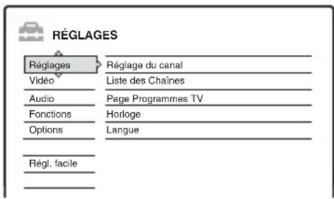 RÉGLAGES Réglages Réglage du canal Vidéo Liste des Chaînes Audio Page Programmes TV Fonctions Horloge Options Langue Régl. facile