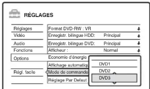 RÉGLAGES Réglages Format DVD-RW : VR Vidéo Enregistr. bilingue HDD: Principal Audio Enregistr. bilingue DVD: Principal Fonctions Afficheur : Normal Options Economie d'énergie Affichage automatique DVD1 Régl. facile Mode de commande DVD2 Réglage Par Default DVD3