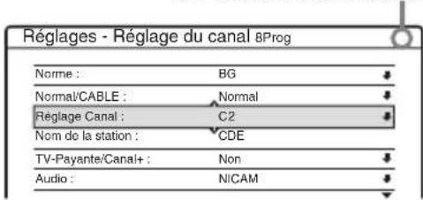 Réglages - Réglage du canal BProg Norme : BG Normal/CABLE : Normal Réglage Canal : C2 Nom de la station : CDE TV-Payante/Canal+ : Non Audio : NICAM