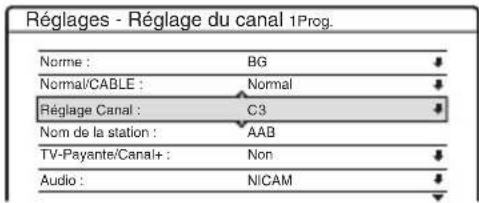 Réglages - Réglage du canal 1Prog. Name : BG Normal/CABLE : Normal Réglage Canal : C3 Nom de la station : AAB TV-Payante/Canal+ : Non Audio : NICAM