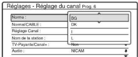 Réglages - Réglage du canal Prog. 6 Norme : BG Normal'CABLE : DK Réglage Canal : I Nom de la station : L TV-Payante/Canal+ : Non Audio : NICAM