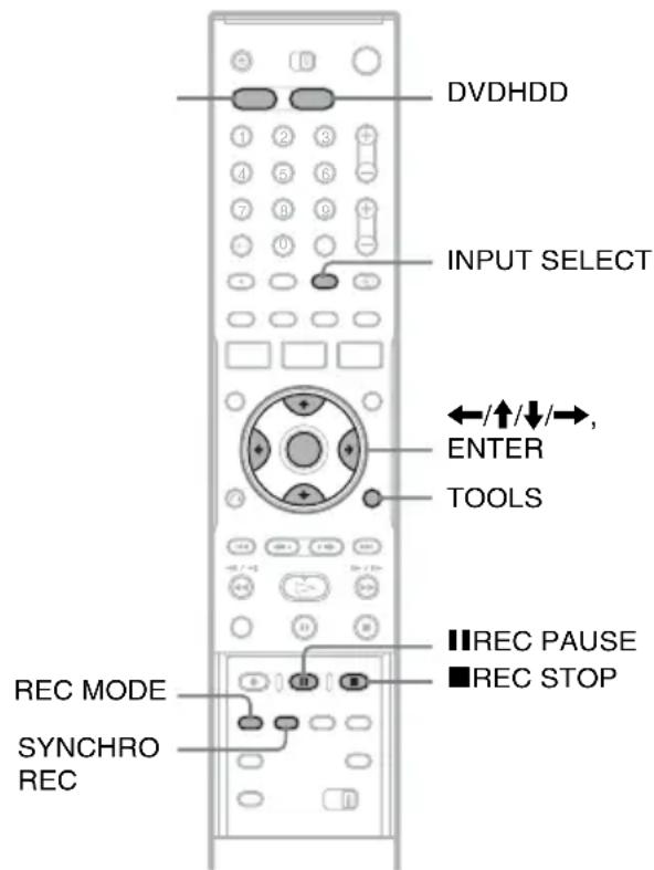 DVDHDD INPUT SELECT ←/↑/↓/→, ENTER TOOLS REC MODE SYNCHRO REC ■REC PAUSE ■REC STOP