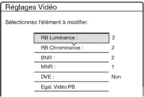 Réglages Vidéo Sélectionnez l'élément à modifier. RB Luminance : 2 RB Chrominance : 2 BNR : 2 MNR : 1 DVE : Non Egal. Vidéo PB