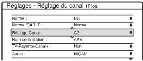 Réglages - Réglage du canal 1Prog. Norme : BG Normal/CABLE : Normal Réglage Canal : C3 Nom de la station : AAB TV-Payante/Canal+ : Non Audio : NICAM