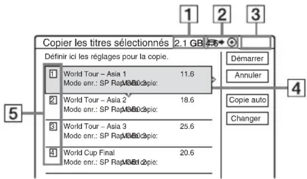 Copier les titres sélectionnés 2.1 GB 4.6 Définir ici les réglages pour la copie. 1 World Tour – Asia 1 11.6 Mode enr.: SP Rap M3602pie: 2 World Tour – Asia 2 18.6 Mode enr.: SP Rap M3602pie: 3 World Tour – Asia 3 25.6 Mode enr.: SP Rap M3602pie: 4 World Cup Final 20.6 Mode enr.: SP Rap M3602pie: Démarrer Annuler Copie auto Changer