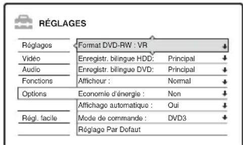 RÉGLAGES Réglages Format DVD-RW : VR Vidéo Enregistr. bilingue HDD: Principal Audio Enregistr. bilingue DVD: Principal Fonctions Afficheur : Normal Options Economie d'énergie : Non Affichage automatique : Oui Régl. facile Mode de commande : DVD3 Réglage Par Dofaut