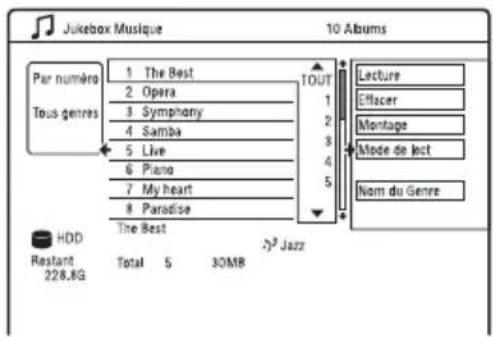 Jukebox Musique 10 Albums Par numéro Tous genres 1 The Best 2 Opera 3 Symphony 4 Samba 5 Live 6 Piano 7 My heart 8 Paradise The Best HDD Restant 228.8G Total 5 30MB TOUT 1 2 3 4 5 Lecture Effacer Montage Mode de lect Nom du Genre #² Jazz