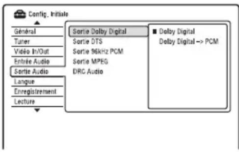 Config. Initiale Général Tuner Video In/Out Entrée Audio Sortie Audio Langue Enregistrement Lecture Sortie Dolby Digital Sortie DTS Sortie 96kHz PCM Sortie MPEG DRC Audio ■ Dolby Digital Dolby Digital → PCM