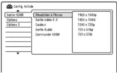 Config. Initiale Sortie HDMI Options Options 2 Résolution à l'écran 1920 x 1080p 1920 x 1080i 1240 x 720p 720 x 576p 720 x 576i