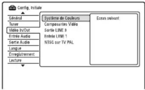 Config. Initiale Général Tuner Vidéo In/Out Entrée Audio Sortie Audio Langue Enregistrement Lecture Système de Couleurs Composantes Vidéo Sortie LINE 3 Entrée LINE 1 NTSC sur TV PAL Ecran suivant