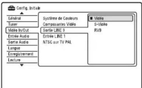 Config. Initiale Général Tuner Vidéo In/Out Entrée Audio Sortie Audio Langue Enregistrement Lecture Système de Couleurs Composantes Vidéo Sortie LINE 3 Entrée LINE 1 NTSC sur TV PAL ■ Vidéo S-Video RVB