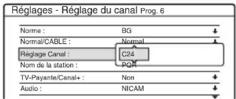 Réglages - Réglage du canal Prog. 6 Norme : BG Normal/CABLE : Normal Réglage Canal : Nom de la station : C24 TV-Payante/Canal+ : Non Audio : NICAM