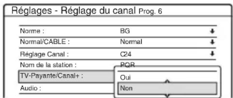 Réglages - Réglage du canal Prog. 6 Norme : BG Normal/CABLE : Normal Réglage Canal : C24 Nom de la station : PQR TV-Payante/Canal+ : Oui Audio : Non