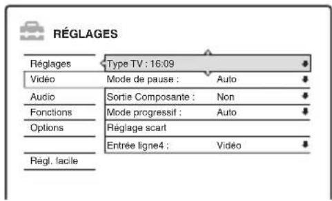 RÉGLAGES Réglages Type TV : 16:09 Vidéo Mode de pause : Auto Audio Sortie Composante : Non Fonctions Mode progressif : Auto Options Réglage scart Entrée ligne4 : Vidéo Regl. facile