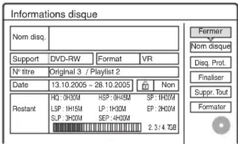 Informations disque Nom disq. Support DVD-RW Format VR N° titre Original 3 / Playlist 2 Date 13.10.2005 ~ 28.10.2005 Non Restant HQ: 0H30M HSP: 0H45M SP: 1H00M LSP: 1H15M LP: 1H30M EP: 2H00M SLP: 3H00M SEP: 4H00M 2.3/4.7GB Fermer Nom disque Disq. Prot. Finaliser Suppr. Tout Formater