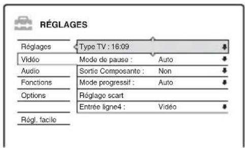 RÉGLAGES Réglages Type TV : 16:09 Vidéo Mode de pause : Auto Audio Sortie Composante : Non Fonctions Mode progressif : Auto Options Réglage scart Entrée ligne4 : Vidéo Régl. facile