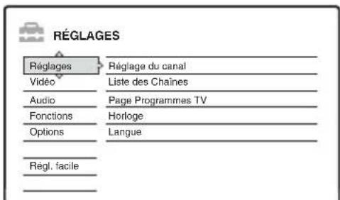 RÉGLAGES Réglages Régage du canal Vidéo Liste des Chaînes Audio Page Programmes TV Fonctions Horloge Options Langue Régl. facile