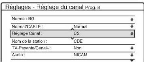 Réglages - Réglage du canal Prog. 8 Norme : BG Normal/CABLE : Normal Réglage Canal : C2 Nom de la station : CDE TV-Payante/Canal+ : Non Audio : NICAM