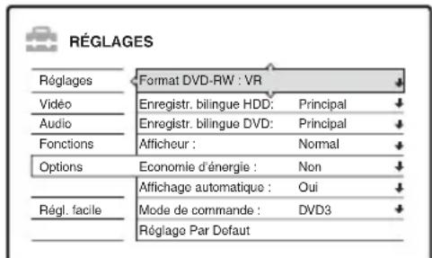 RÉGLAGES Réglages Vidéo Audio Fonctions Options Régl. facile Format DVD-RW : VR Enregistr. bilingue HDD: Principal Enregistr. bilingue DVD: Principal Afficheur : Normal Economie d'énergie : Non Affichage automatique : Oui Mode de commande : DVD3 Réglage Par Dofaut