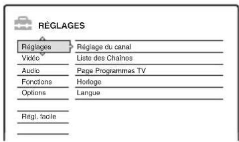 RÉGLAGES Réglages Régage du canal Vidéo Liste des Chaînes Audio Page Programmes TV Fonctions Horloge Options Langue Régl. facile