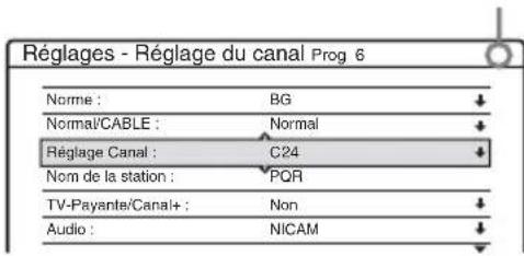 Réglages - Réglage du canal Prog 6 Norme : BG Normal/CABLE : Normal Réglage Canal : C24 Nom de la station : PQR TV-Payante/Canal+ : Non Audio : NICAM