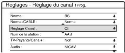 Réglages - Réglage du canal 1Prog. Norme : BG Normal/CABLE : Normal Réglage Canal : C3 Nom de la station : AAB TV-Payante/Canal+ : Non Audio : NICAM