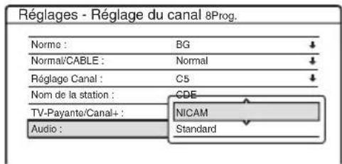 Réglages - Réglage du canal 8Prog. Norme : BG ↓ Normal/CABLE : Normal ↓ Réglage Canal : C5 ↓ Nom de la station : CDE TV-Payante/Canal+ : NICAM Audio : Standard