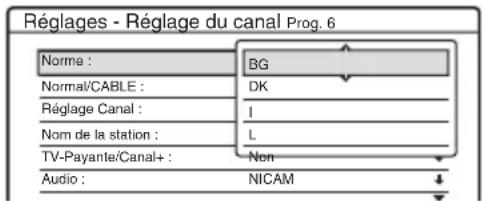 Réglages - Réglage du canal Prog. 6 Norme : BG Normal'CABLE : DK Réglage Canal : I Nom de la station : L TV-Payante/Canal+ : Non Audio : NICAM ↓