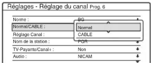 Réglages - Réglage du canal Prog. 6 Norme : BG Normal/CABLE : Normal Réglage Canal : CABLE Nom de la station : PGR TV-Payante/Canal+ : Non Audio : NICAM