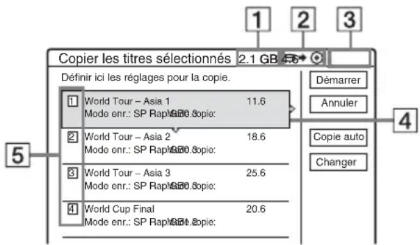 Copier les titres sélectionnés 2.1 GB 4.6 Définir ici les réglages pour la copie. 1 World Tour – Asia 1 11.6 Mode enr.: SP Rap/Goio.8opie: 2 World Tour – Asia 2 18.6 Mode enr.: SP Rap/Goio.8opie: 3 World Tour – Asia 3 25.6 Mode enr.: SP Rap/Goio.8opie: 4 World Cup Final 20.6 Mode enr.: SP Rap/Goio.8opie: Démarrer Annuler Copie auto Changer