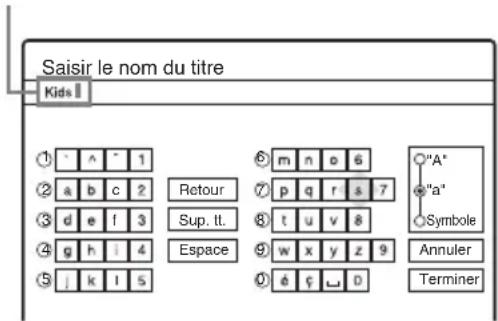 Saisir le nom du titre Kids ① ̃ ̂ ̂ ̂ 1 ② a b c 2 ③ d e f 3 ④ g h i 4 ⑤ j k l 5 Retour Sup. lt. Espace ⑥ m n o 6 ⑦ p q r s 7 ⑧ t u v 8 ⑨ w x y z 9 ⑩ é ç ∪ D ○"A" ●"a" ○Symbole Annuler Terminer