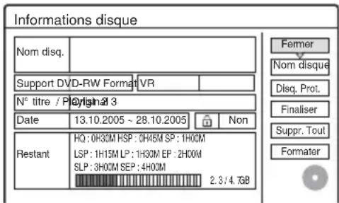 Informations disque Nom disq. Support DVD-RW Format VR N° titre / P Original 3 Date 13.10.2005 ~ 28.10.2005 Non Restant HQ: 0H30M HSP: 0H45M SP: 1H00M LSP: 1H15M LP: 1H30M EP: 2H00M SLP: 3H00M SEP: 4H00M 2.3/4.7GB Fermer Nom disque Disq. Prot. Finaliser Suppr. Tout Formater