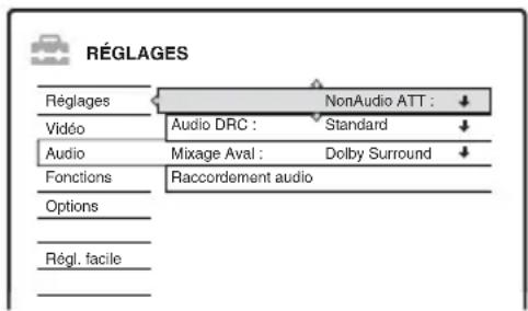 RÉGLAGES Réglages NonAudio ATT : ↓ Vidéo Audio DRC : Standard ↓ Audio Mixage Aval : Dolby Surround ↓ Fonctions Raccordement audio Options Régl. facile