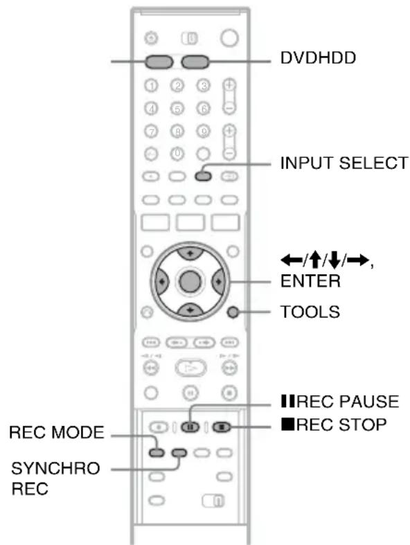 DVDHDD INPUT SELECT ←/↑/↓/→, ENTER TOOLS REC MODE SYNCHRO REC ■REC PAUSE ■REC STOP