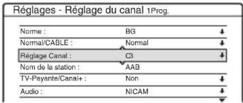 Réglages - Réglage du canal 1Prog. Norme : BG Normal/CABLE : Normal Réglage Canal : C3 Nom de la station : AAB TV-Payante/Canal+ : Non Audio : NICAM