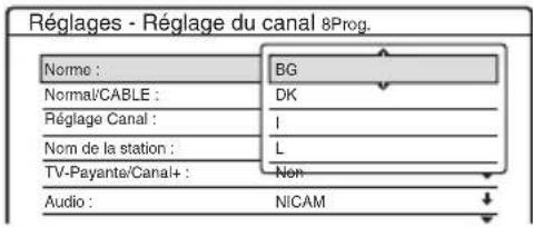 Réglages - Réglage du canal 8Prog. Norme : BG Normal/CABLE : DK Réglage Canal : I Nom de la station : L TV-Payante/Canal+ : Non Audio : NICAM