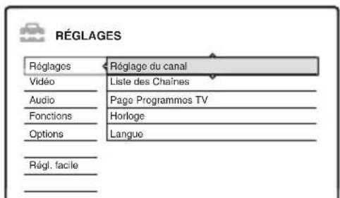 RÉGLAGES Réglages Régage du canal Vidéo Liste des Chaînes Audio Page Programmos TV Fonctions Horloge Options Langue Régl. facile