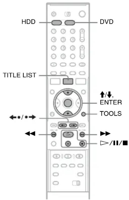 HDD DVD TITLE LIST ↑/↓, ENTER TOOLS +/||/■